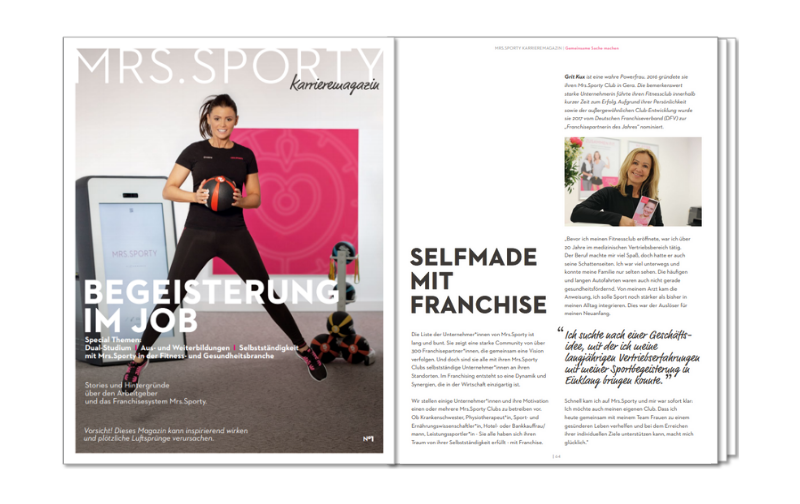 Titelbild und Seitenvorschau des Karrieremagazins Mrs.Sporty Franchise
